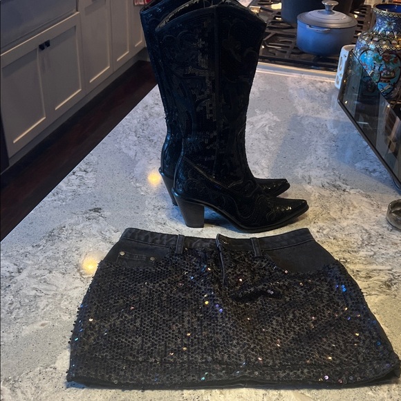 Mustard Seed Black Sequin Denim Mini Skirt S - Picture 7 of 8